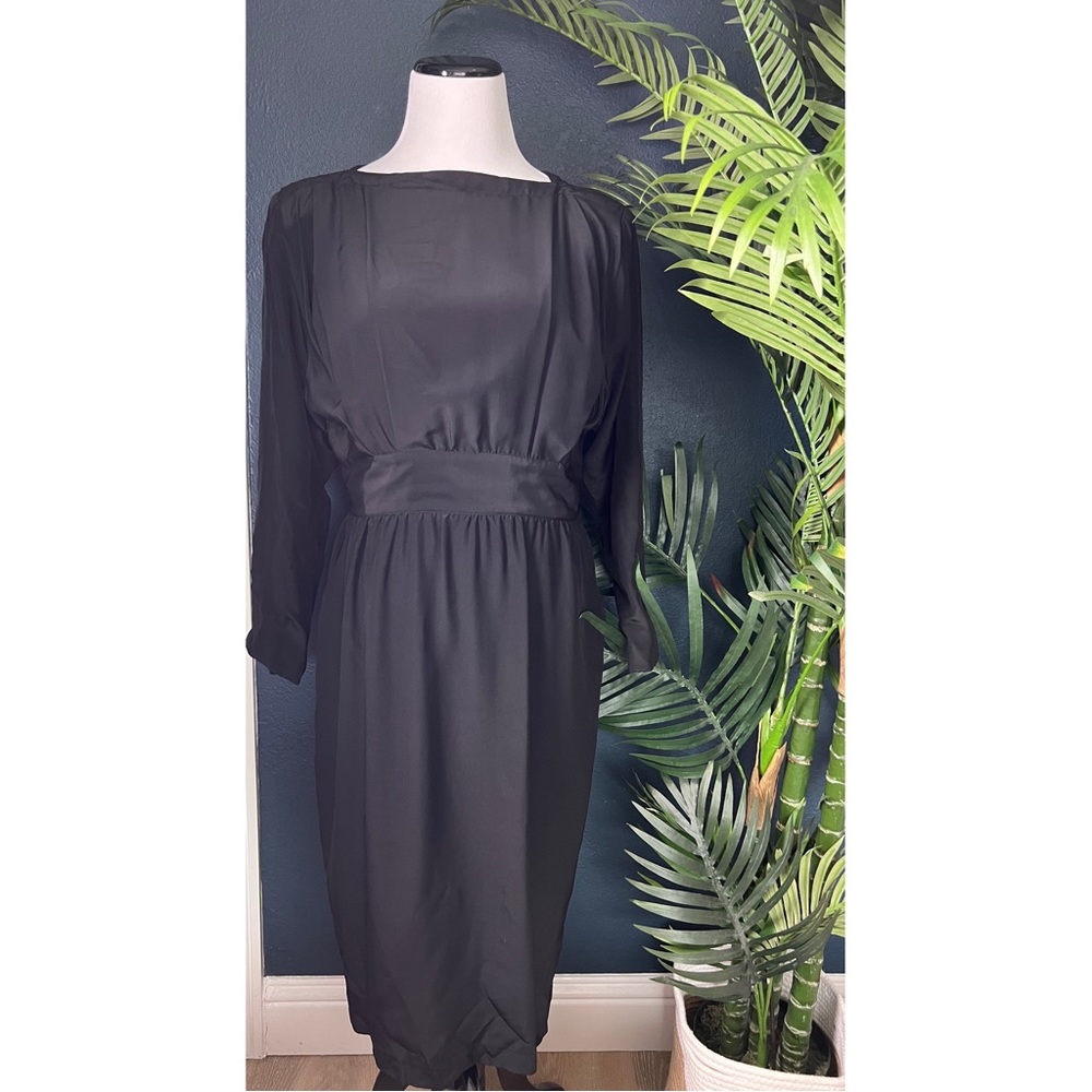 Vintage 80s Relin elegant black long sleeve silk a-line midi dress